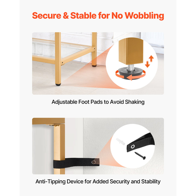 VEVOR Τραπεζάκι Κονσόλας 3 Επιπέδων από Γυάλινο Ορθογώνιο Καναπές-Πλευρικό Τραπεζάκι με Αντιανατροπή, Χρυσό