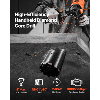VEVOR Τρυπάνι με διαμαντένιο πυρήνα, φορητό τρυπάνι σκυροδέματος με πυρήνα 8 ιντσών, διάμετρος 1500W