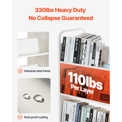 VEVOR Τριώροφο Τροχήλατο Βιβλιοφορείο με Ράφια Σχήματος W Διπλής Όψης σε Λευκό Χρώμα