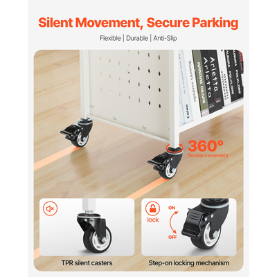 VEVOR Τριώροφο Τροχήλατο Βιβλιοφορείο με Ράφια Σχήματος W Διπλής Όψης σε Λευκό Χρώμα