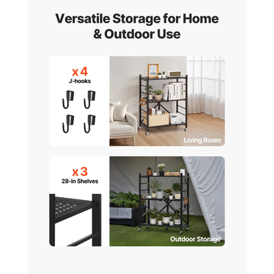 VEVOR Τριώροφο πτυσσόμενο ράφι αποθήκευσης με ρόδες, μεταλλικά ράφια 28 x 13 x 36 ιντσών