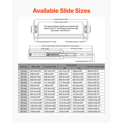 VEVOR 1 ζεύγος συρταριών 18-60 ιντσών με ρουλεμάν soft-close, πλήρης επέκταση