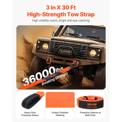 Καλώδιο ρυμούλκησης αυτοκινήτου VEVOR, σχοινί ρυμούλκησης 36000 λίβρες, 30 πόδια, 3 ίντσες, έκτακτης ανάγκης, βαρέως τύπου