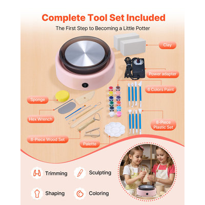 VEVOR Μίνι Τροχός Κεραμικής Ηλεκτρικός Τροχός Πήλινου Σπιράλ για Παιδιά 158 mm Ροζ