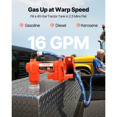 Αντλία μεταφοράς καυσίμου VEVOR, Ροή 61L/min, Ιπποδύναμη 1/4 HP 186W, Αντλία μεταφοράς ντίζελ 12 V DC με χειροκίνητο ακροφύσιο, έξοδο και σωλήνα αναρρόφησης, για βενζίνη, κηροζίνη, μείγματα αιθανόλης, μεθανόλη, βιοντίζελ