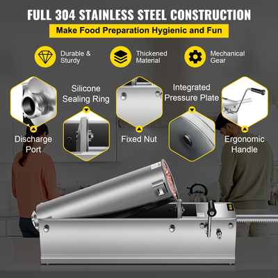 Μηχάνημα γεμίσματος λουκάνικων VEVOR 7L από ανοξείδωτο ατσάλι Οριζόντια χειροκίνητη μηχανή γεμίσματος λουκάνικων για την παρασκευή λουκάνικων χοτ-ντογκ Bratwurst κατάλληλο για οικιακή και εμπορική χρήση