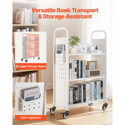 VEVOR Τριώροφο Τροχήλατο Βιβλιοφορείο Μονής Όψης με Ράφια σε Σχήμα L, Βιβλιοφορείο σε Λευκό Χρώμα