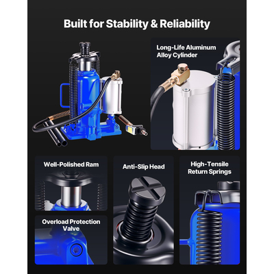 Υδραυλικός γρύλος VEVOR Air με φιάλη, γρύλος υψηλής ανύψωσης 20 τόνων (44092 λίβρες) επισκευής αυτοκινήτου, μπλε