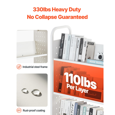 VEVOR Τριώροφο Τροχήλατο Βιβλιοφορείο με Ράφια σε Σχήμα V, Μονόπλευρα, σε Λευκό Χρώμα