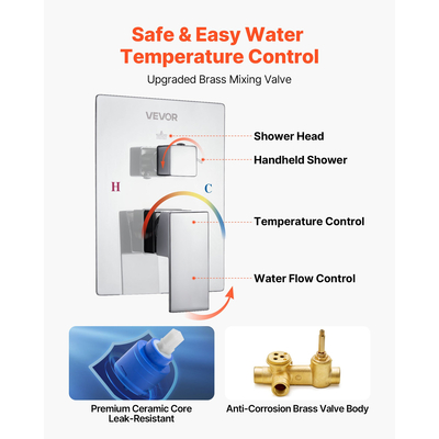 Σετ μπαταρίας ντους VEVOR 12" τετράγωνη κεφαλή ντους βροχής και χειροκίνητο σετ ασημί χρωμίου