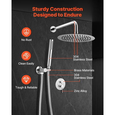 Σετ βρύσης ντους VEVOR 10" στρογγυλή κεφαλή ντους βροχής και χειροκίνητο σετ ασημί χρωμίου