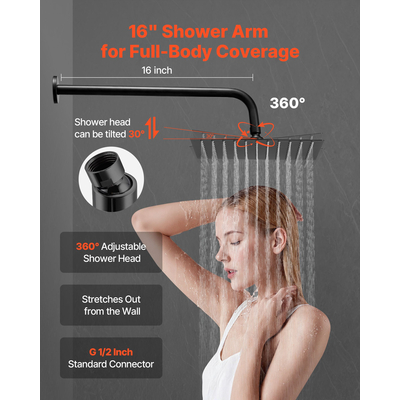 Σετ βρύσης ντους VEVOR 10" με τετράγωνη κεφαλή ντους βροχής και χειροκίνητο σετ ματ μαύρο