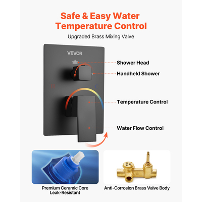 Σετ βρύσης ντους VEVOR 10" με τετράγωνη κεφαλή ντους βροχής και χειροκίνητο σετ ματ μαύρο