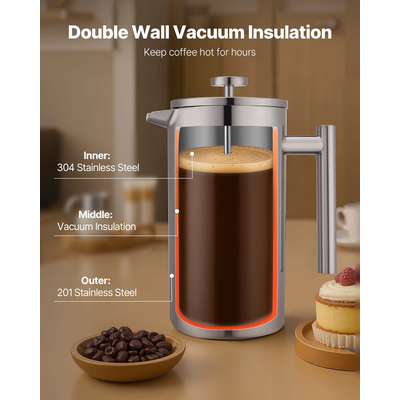 Καφετιέρα VEVOR French Press 1,5L από ανοξείδωτο ατσάλι, ασημί