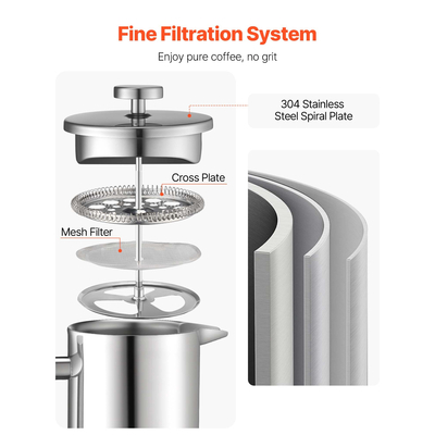 Καφετιέρα VEVOR French Press 1,5L από ανοξείδωτο ατσάλι, ασημί