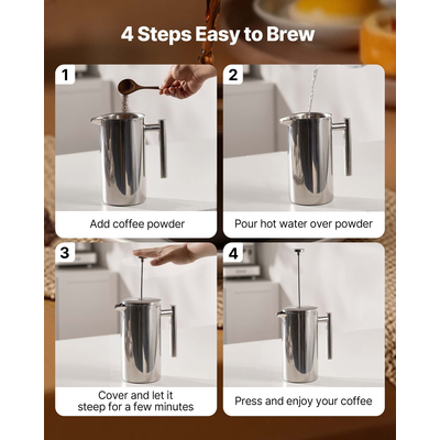 Καφετιέρα VEVOR French Press 1,5L από ανοξείδωτο ατσάλι, ασημί