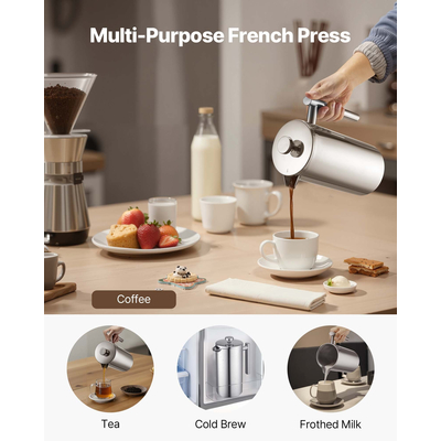 Καφετιέρα VEVOR French Press 1,5L από ανοξείδωτο ατσάλι, ασημί