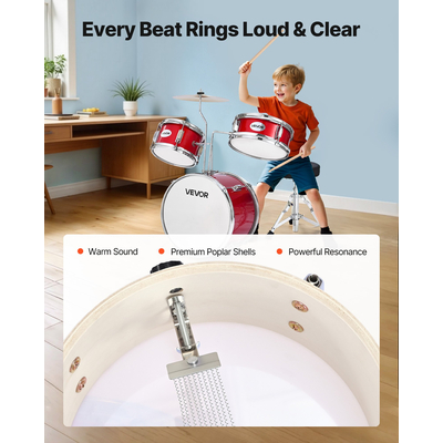 Σετ Ντραμς VEVOR για Παιδιά, 3 τεμαχίων, με μουσικό ντραμς για παιδιά, με μπάσο 14 ιντσών / 35,56 cm (Κόκκινο)
