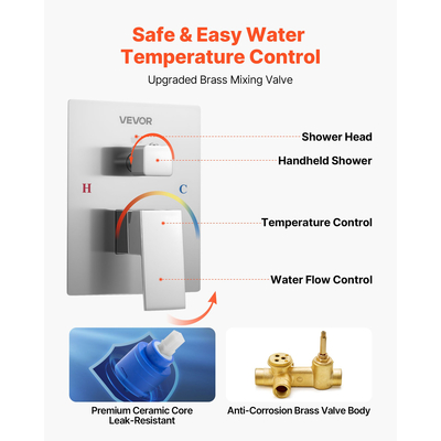 Σετ βρύσης ντους VEVOR 12" με τετράγωνη κεφαλή ντους βροχής και σετ χειρός, βουρτσισμένο νίκελ