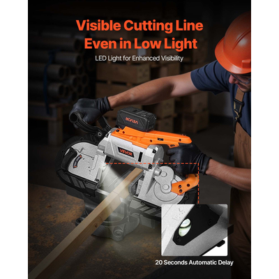Φορητό ασύρματο κιτ πριονοκορδέλας VEVOR 20V με μπαταρία και φορτιστή, βάθος κοπής 127 mm x 115 mm, πριονοκορδέλα μετάλλου με κινητήρα χωρίς ψήκτρες, μεταβλητή ταχύτητα 0-192 m/min για κοπή μετάλλου, ξύλου