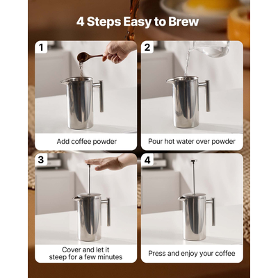 Καφετιέρα VEVOR French Press 1L από ανοξείδωτο ατσάλι, ασημί