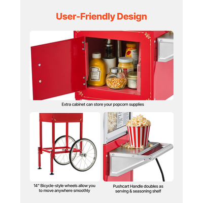 Μηχανή ποπ κορν VEVOR με καρότσι, βραστήρας ποπ κορν 800W 0,2kg, κόκκινος