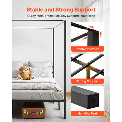 VEVOR Κρεβάτι King Size με Σκελετό, Μεταλλικό Κρεβάτι με Σκελετό και Τέσσερις Πόστερ, Μαύρο