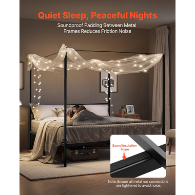 VEVOR Κρεβάτι King Size με Σκελετό, Μεταλλικό Κρεβάτι με Σκελετό και Τέσσερις Πόστερ, Μαύρο