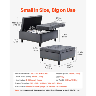 VEVOR 31 ιντσών τετράγωνο δερμάτινο τραπεζάκι σαλονιού με αποθηκευτικό χώρο για σαλόνι