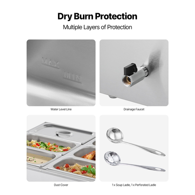 VEVOR Επαγγελματικός Θερμαντήρας Φαγητού 6 Τηγανιών 1500W Επιτραπέζιος Μπεν Μαρί Μπουφέ με Καπάκι