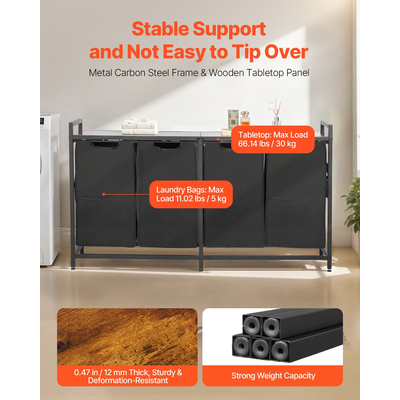 VEVOR Διαλογέας Πλυντηρίου 4 Τμημάτων με Σακούλες που Αφαιρούνται, Μεταλλικό Σκελετό & Ξύλινη Επιφάνεια