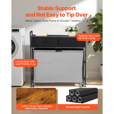 VEVOR Διαλογέας Πλυντηρίου 3 Τμημάτων με Ρολαριστό Καλάθι Πλυντηρίου με Συρτάρια, Γάντζους και Ρόδες