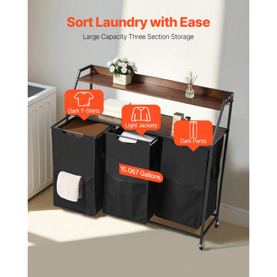 VEVOR 2 Επίπεδη Ψηλή Καλάθι Ρούχων με Ρόδες και Γάντζους 3 Τμημάτων