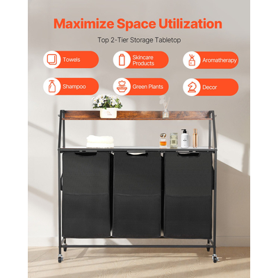 VEVOR 2 Επίπεδη Ψηλή Καλάθι Ρούχων με Ρόδες και Γάντζους 3 Τμημάτων