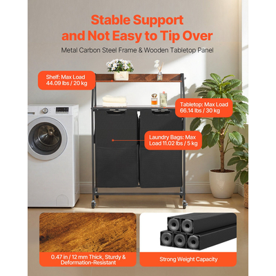 VEVOR 2 Επίπεδα Ψηλό Καλάθι Ρούχων με Ρόδες και Γάντζους 2 Τμημάτων