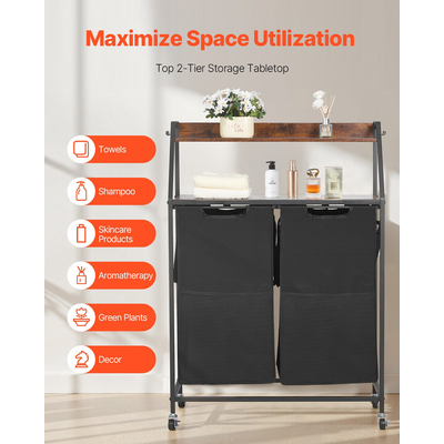 VEVOR 2 Επίπεδα Ψηλό Καλάθι Ρούχων με Ρόδες και Γάντζους 2 Τμημάτων