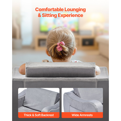 VEVOR Παιδικός Καναπές 2 σε 1 Πτυσσόμενος Μαλακός Καναπές με Μπράτσα από Καρέκλα σε Ξαπλώστρα M Γκρι