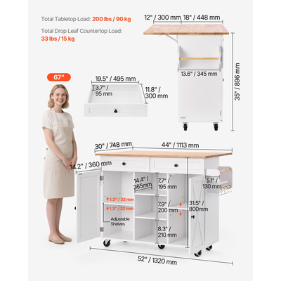 VEVOR 132cm Καρότσι Κουζίνας με Τροχαίο Ντουλάπι Αποθήκευσης Τραπέζι Συρτάρι με Πτυσσόμενο Φύλλο