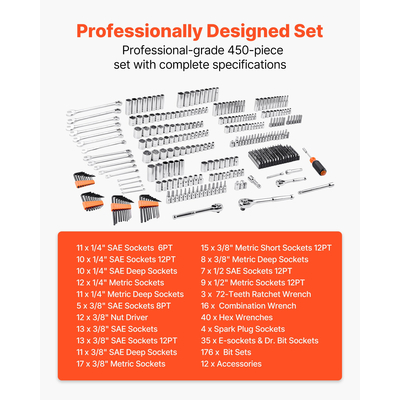 Σετ εργαλείων μηχανικής VEVOR Σετ καρυδάκια 450 τεμαχίων με πορτοκαλί συρτάρι 6,4/9,5/12,7 mm