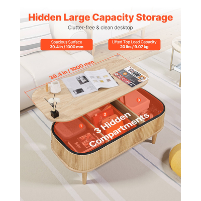 Τραπεζάκι σαλονιού VEVOR 1000mm με ανασηκούμενη επιφάνεια, οβάλ, ραβδωτό, κρυφό τμήμα, από ξύλο Burlywood