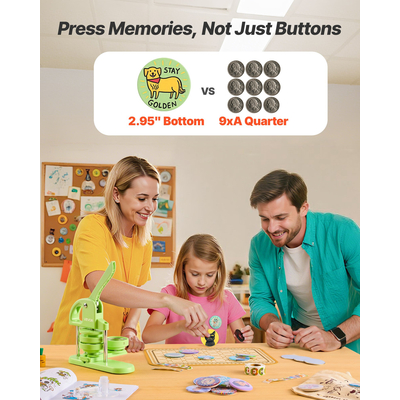 Μηχανή κατασκευής κουμπιών VEVOR, 75 mm, Πλαστική μηχανή κατασκευής καρφιτσών με 100 τεμάχια κουμπιών, Κόφτης κύκλων και Μαγικό βιβλίο, Ενισχυμένη εργονομική λαβή, για DIY κονκάρδες, εξατομικευμένες καρφίτσες και μπρελόκ, Πράσινο