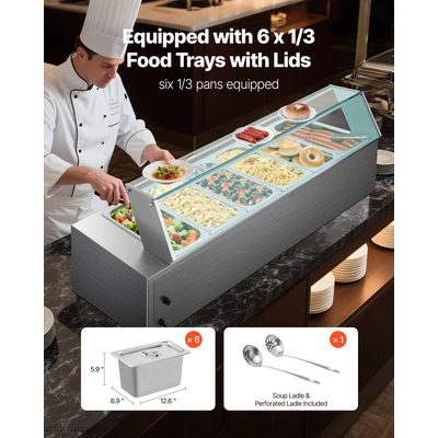 VEVOR Επαγγελματικός Θερμαντήρας Φαγητού 6 x 1/3 Τηγάνια Μπεν Μαρί Μπουφέ με Γυάλινο Κάλυμμα