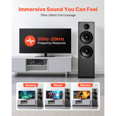 Ηχείο δαπέδου VEVOR, 2 δρόμων, επιδαπέδιο ηχείο πύργου με tweeter 25,4 mm, διπλά woofer 203,2 mm, κορυφή 600W, απόκριση συχνότητας 50Hz–20kHz, ανθεκτικό περίβλημα MDF, για οικιακό ήχο, μονό