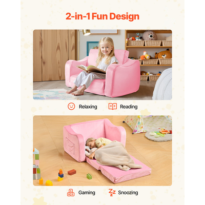 Παιδικός καναπές VEVOR 2 σε 1, Πτυσσόμενος μαλακός καναπές για νήπια με μπράτσα, Κατασκευασμένος από σφουγγάρι 28D & κοντό πέλος, Μετατρέψιμη καρέκλα νηπίου σε ξαπλώστρα, Παιδικός καναπές πτυσσόμενος για διασκεδαστικό παιχνίδι ή άνετη χαλάρωση, M, Ροζ