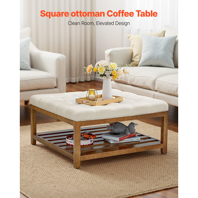 Μεγάλο τετράγωνο τραπεζάκι σαλονιού VEVOE, τραπεζάκι σαλονιού με φουντωτά 87,5 cm με αποθηκευτικό χώρο από μασίφ ξύλο, υποπόδιο από μασίφ λινό για υπνοδωμάτιο και σαλόνι, 400 λίβρες, υπόλευκο