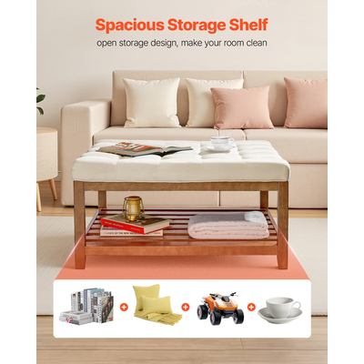 Μεγάλο τετράγωνο τραπεζάκι σαλονιού VEVOE, τραπεζάκι σαλονιού με φουντωτά 87,5 cm με αποθηκευτικό χώρο από μασίφ ξύλο, υποπόδιο από μασίφ λινό για υπνοδωμάτιο και σαλόνι, 400 λίβρες, υπόλευκο