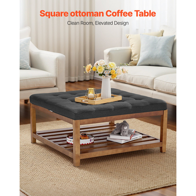 Μεγάλο τετράγωνο τραπεζάκι σαλονιού VEVOE, τραπεζάκι σαλονιού με φουντωτά 87,5 cm με αποθηκευτικό χώρο από μασίφ ξύλο, υποπόδιο από μασίφ λινό για υπνοδωμάτιο και σαλόνι, 400 λίβρες, σκούρο γκρι