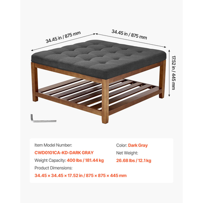 Μεγάλο τετράγωνο τραπεζάκι σαλονιού VEVOE, τραπεζάκι σαλονιού με φουντωτά 87,5 cm με αποθηκευτικό χώρο από μασίφ ξύλο, υποπόδιο από μασίφ λινό για υπνοδωμάτιο και σαλόνι, 400 λίβρες, σκούρο γκρι