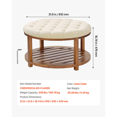 Μεγάλο στρογγυλό τραπεζάκι σαλονιού VEVOE, τραπεζάκι σαλονιού με φούντες 81 cm με αποθηκευτικό χώρο από μασίφ ξύλο, υποπόδιο από μασίφ λινό για υπνοδωμάτιο και σαλόνι, 350 λίβρες, χρώμα λινού