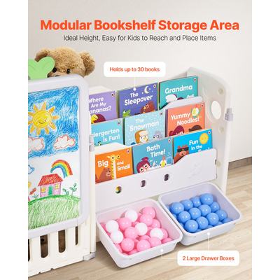VEVOR Παιδική Βιβλιοθήκη και Αποθήκευση Παιχνιδιών με 10 Κινητά Πλαστικά Κάδους & Πίνακα Σχεδιασμού